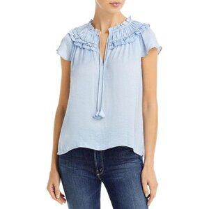 Aqua Women's Blue Split Neck Ruffled Top Blouse Shirt NWT Medium